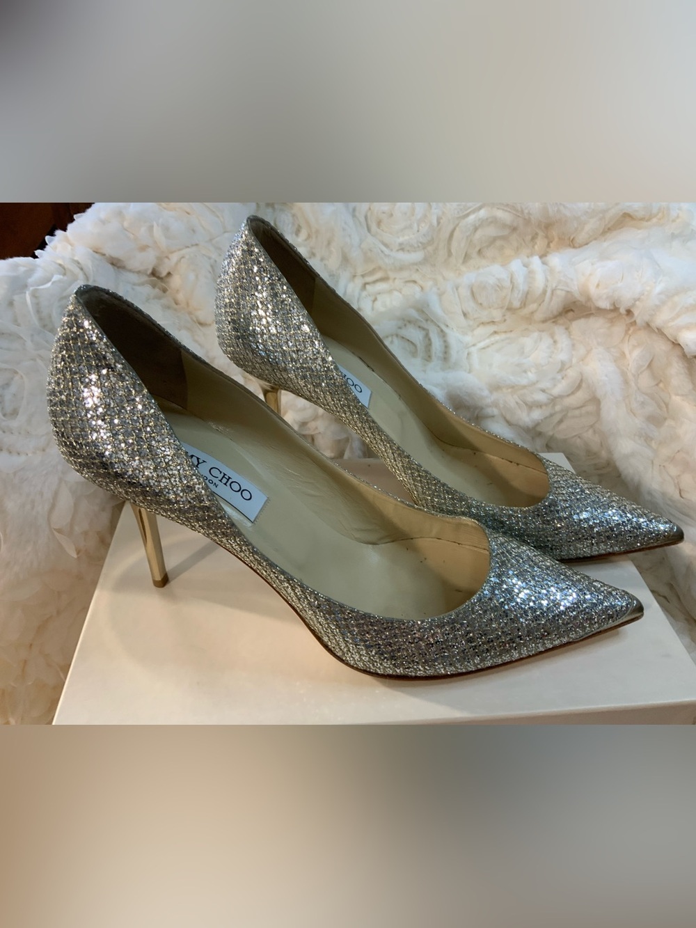 Jimmy Choo Silver Glitter Pointed Pumps with Stiletto Heel